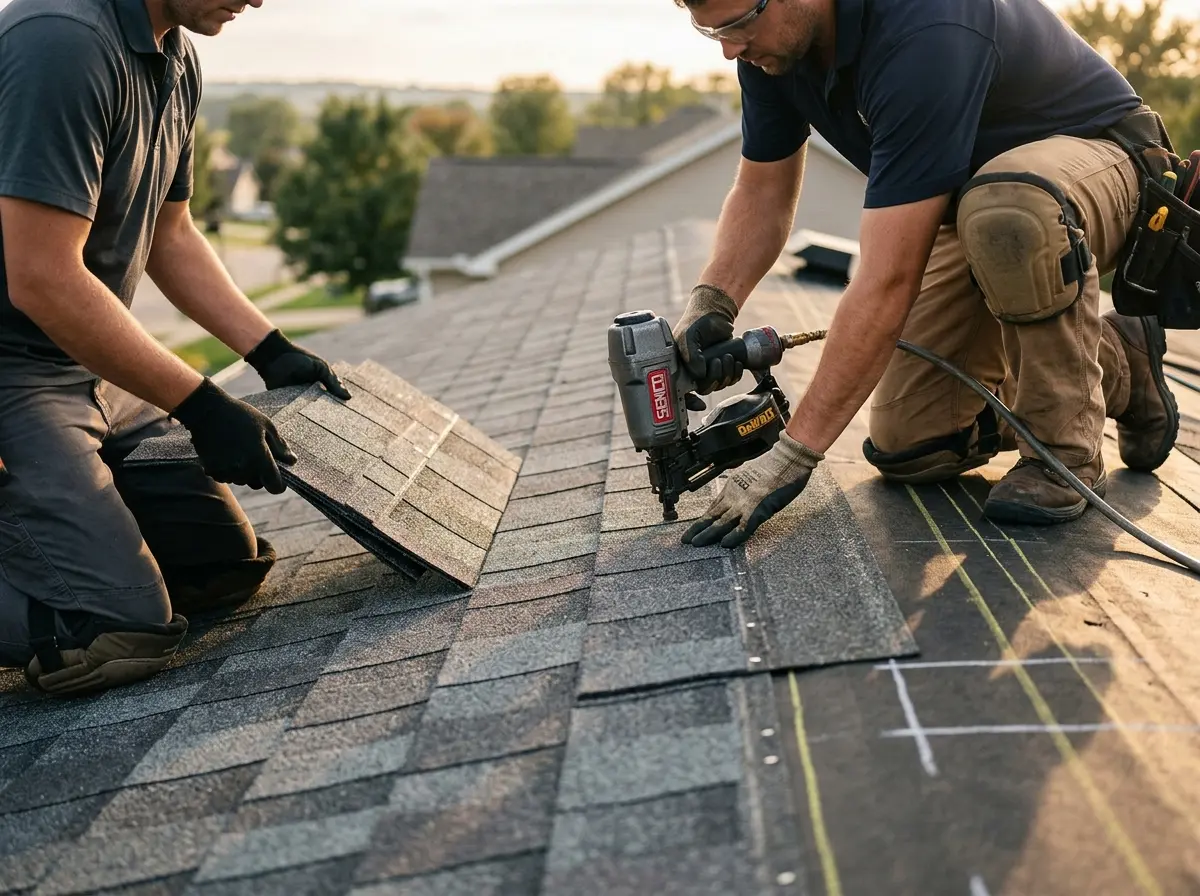 Professional roofer working on a residential roof in Floral Park
